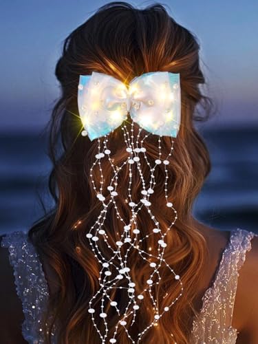 CAKURE Light Up Mermaid Bow Hair Clip Tassel Pearl Hair Clips Mermaid Hair Accessories for Women and Girls