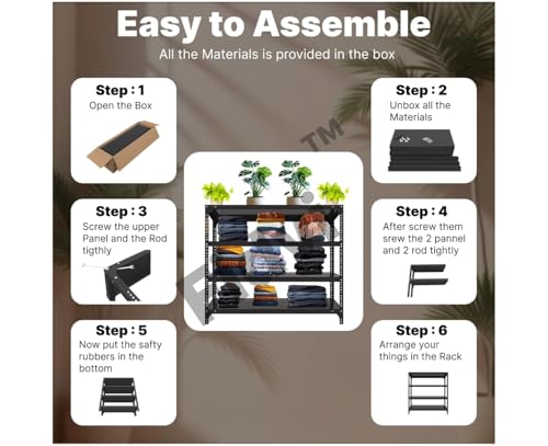 Image of Iron Metal Storage Rack 4 Shelf Adjustable Industrial Shelving Unit | Heavy Duty Space Saving Organizer for Home & Kitchen | Black | 09x35x36 Inches