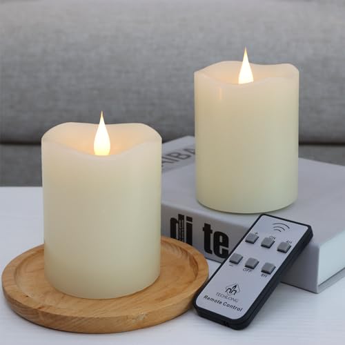 Image of TECHLONG Flameless Candles Battery Operated with Remote Timer, 3D Moving Flame Flickering, Last 600+ Hours Battery Candles, 3 inch x 4 inch Ivory Real Wax Electric LED Candle for Wedding Party, Set of 2