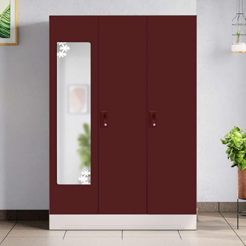 Image of Interio by Godrej Almirah Slimline 3-Door Steel Almirah, Cupboard for Clothes (Russet), 1-Year Warranty, 7 Shelves, 1 Locker, Star Design Mirror