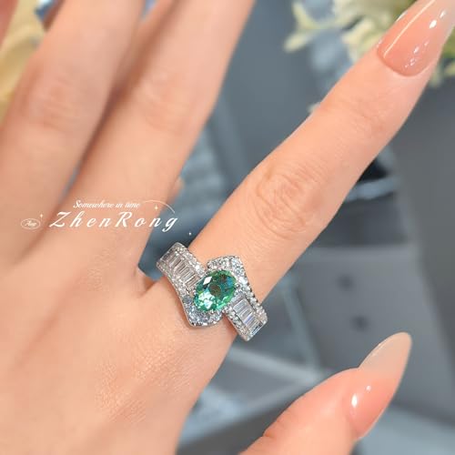 Simulated Paraiba Tourmaline Halo Ring for Women Sterling Silver Art Deco Ring Cubic Zirconia Oval Stone Emerald CZ Statement Wedding Engagement Promise Rings Comfort Fit Open Adjustable3