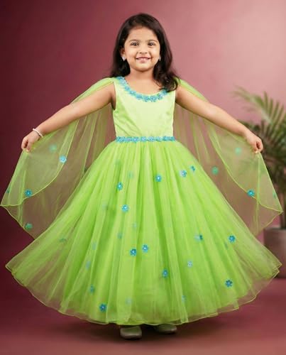 Image of Stanwells Kids Dress for Girls Embroiderd Full Length Frock for Baby Girls Flower Gown Ruffle Pattern Back Zipper Beautiful Sleeveless Birthday Dress for Girls Coral (1-9 Years)