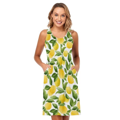Image of ALAZA Watercolor Lemon Leaves Women's Summer Dress Sun Dress Sleeveless with Pockets L