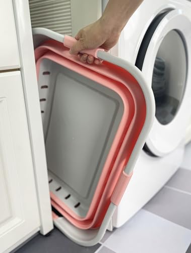 Image of SAMMART 42L (11 gallon) Collapsible Plastic Laundry Basket - Foldable Pop Up Storage Container /Organizer - Space Saving Hamper /Basket (1, Grey /Quartz Pink)