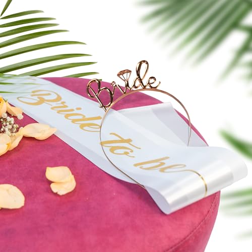 Image of Party Propz Bride to Be Decoration Set Combo - Satin Sash and Rose Gold Crown for Women, Bachelorette Party Decorations, Bridal Shower Accessories & Bride to Be Crown and Sash