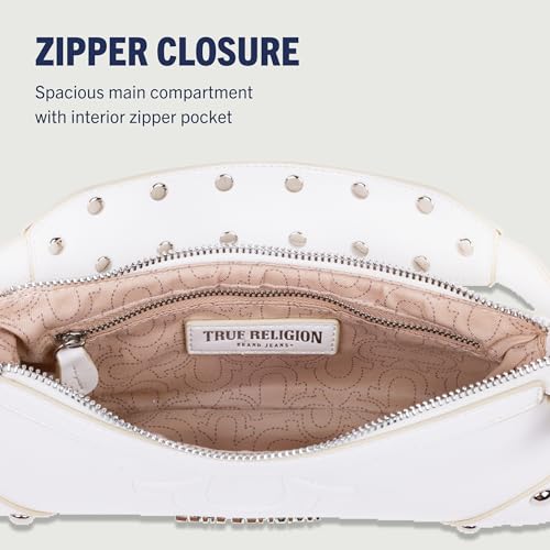 True Religion Horseshoe Shoulder Bag, Zip-Top Mini Handbag with Gold Hardware and Signature Lining, White 6
