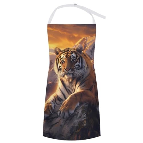 Image of Alpine Snow Mountain Tiger at Sunset Apron Adjustable Bib Lightweight Chef Cooking Waterproof Aprons with Pocket