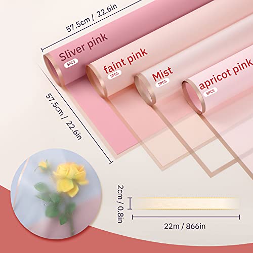 20 Pcs Translucent Gold Edge Waterproof Floral Wrapping Paper Sheets Frosted Bouquet Packaging Paper And Double Face Satin Ribbon For Mother‘s Day Graduation Wedding Engagement (Delicate Color) #TOP2
