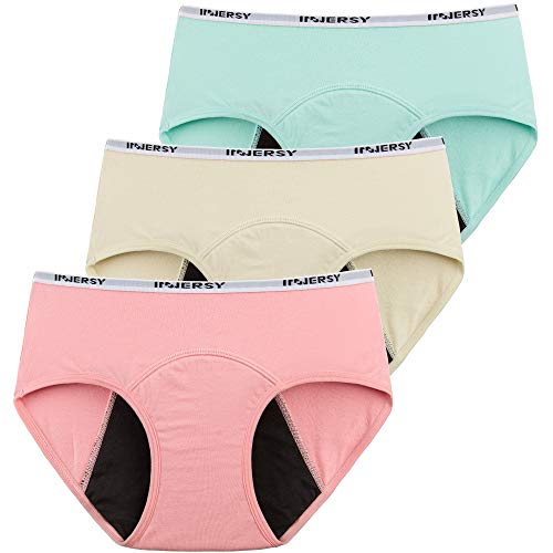 INNERSY Period Pants for Teenage Girls Menstrual Panties Cotton Leakproof knickers 3 Pack (10-12 Years Pink/Green/Beige)