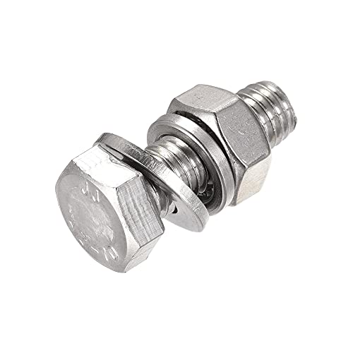Image of uxcell M10 x 30mm Hex Head Screws Bolts, Nuts, Flat & Lock Washers Kits, 304 Stainless Steel Fully Thread Hexagon Bolts 8 Sets