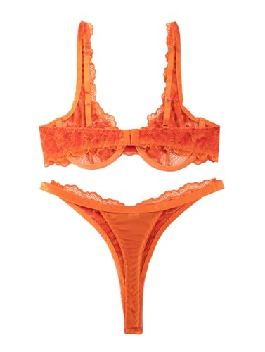 Image of Lilosy Sexy Floral Lace Scallop Underwire Push Up Sheer Lingerie Set Outfits