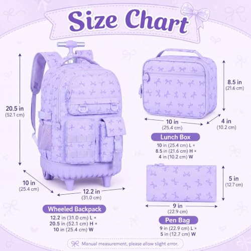 Image of CCJPX Rolling Backpack for Girls, 3Pcs Roller Wheeled School Bookbag, Bow Wheels Backpacks with Lunch Box for Kids (Purple)