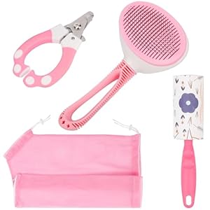 Belle Vous Pink All-in-One Pet Grooming Set – Self-Cleaning Shedding Brush, Nail Clippers, Bath Bag and Lint Roller for Long/Short-Haired Cats or Dogs