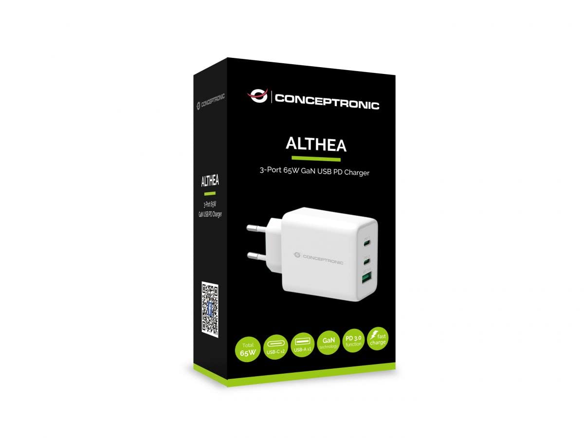CONCEPTRONIC ALTHEA12W 65W GaN USB-Ladegerät – 2x USB-C PD 3.0, 1x USB-A QC 3.0, Kompakt & Sicher