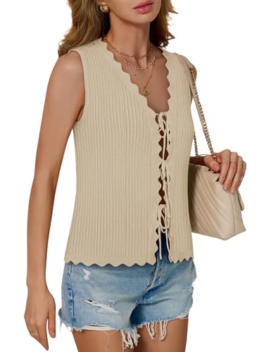 Image of COCCKO Womens Summer Tops Vacation Beach Outfits Cute Tie Front Crochet Vest Knit Sleeveless Sweaters