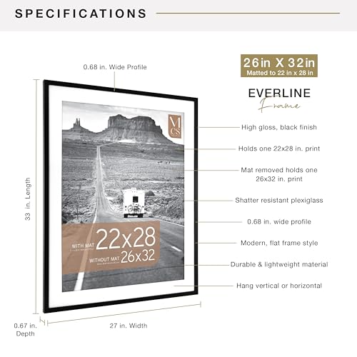Image of MCS Everline Collection 26x32 Matted Poster Frame with 22x28 Picture Display, Black Vertical & Horizontal Wall Hanging Large Frame for Photos, Posters & Art Prints (1-Pack)