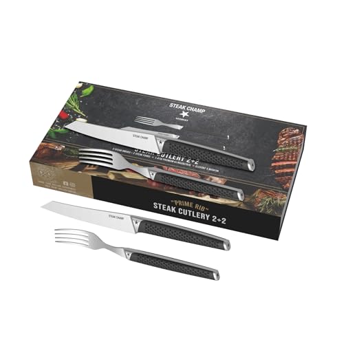 Steak Champ Set di Posate Prime Rib: 2 Coltelli e 2 Forchette per Carne, Manici Antiscivolo, Design Elegante, Lama di 12,5 cm, Ideale per Filetti, Ribeye e Bistecca, Include Scatola Regalo, 4 Pezzi