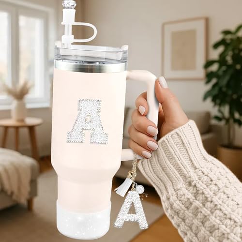 Hpebl 6PCS White for Stanley Cup Accessories Set 30/40 OZ Silver Bling Rhinestone Initials Charms for Stanley Decorations Tumbler Accessories Including Diamond Straw Topper, Spill Stopper（Letter G） - image 2