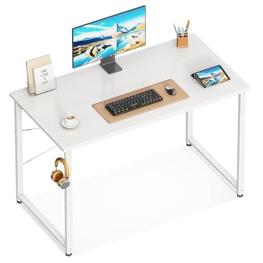 ODK Computer Writing Desk 31 inch, Sturdy Home Office Table, Work Desk with A Storage Bag and Headphone Hook, White Marble + Gold Leg