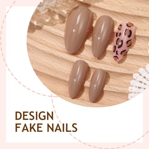 Image of Fall Press on Nails Leopard Print Fake Nails Pure Color False Nail Glossy Full Cover Glue on Nails Reusable Artificial Acrylic Stick on Nail for Women Girls Manicure 24Pcs