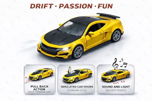 Image of 1:36 Scale Chevrolet Camaro Toy Car - Die-Cast Metal Pull Back Vehicle with Openable Doors, Lights & Music - Sports Model for Kids, Boys & Collectors (Yellow)
