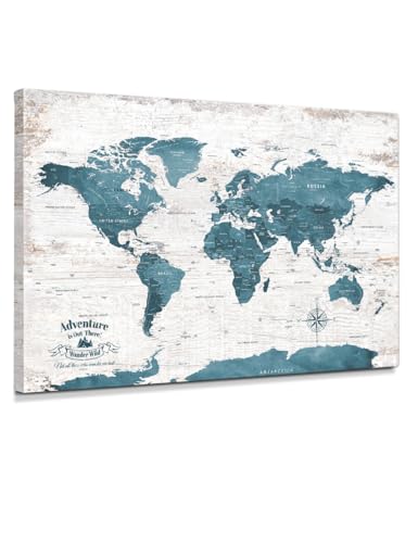 Image of IPIC - Vintage Teal World Map Canvas Wall Art, Push Pin World Map to Track Your Travels, Rustic Style Wall Decor for Home, Office, Living Room or RV, Ready to Hang, Made in USA
