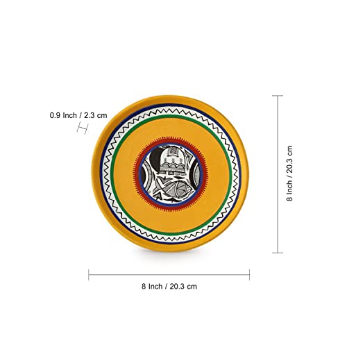 Image of ExclusiveLane 'The Warli Tales' Terracotta Wall Plates for Home Decoration (8 inch, Set of 2, Yellow) | Terracotta Plates for Wall Decor Plates Sets Decorative Wall Hanging Plates for Living Room