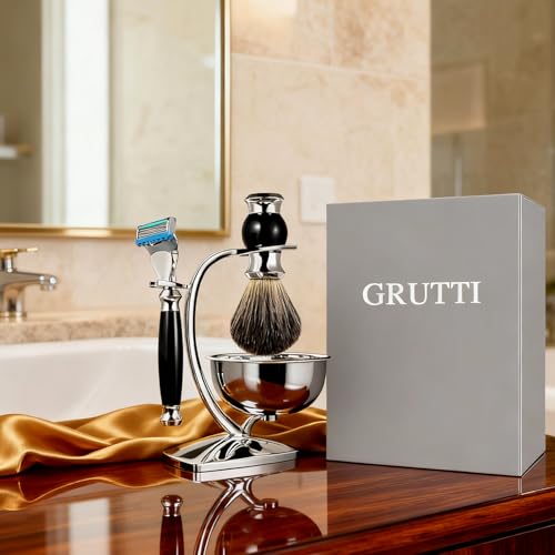 Image of GRUTTI Premium Shaving Kit for Men, 4 in 1 Shaving Set Includes Shaving Stand & Soap Bowl &Brush, Deluxe Safety Mens Razor Holder with Non Slip Base Shaving Kit compatible with Fusion 5