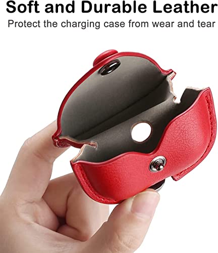 Image of Genuine Leather Case Compatible with AirPods Pro 3rd Gen (2025), VOMA Protective Cover for Apple AirPods Pro 3 Wireless Charging Case with Keychain and Snap Lock Red