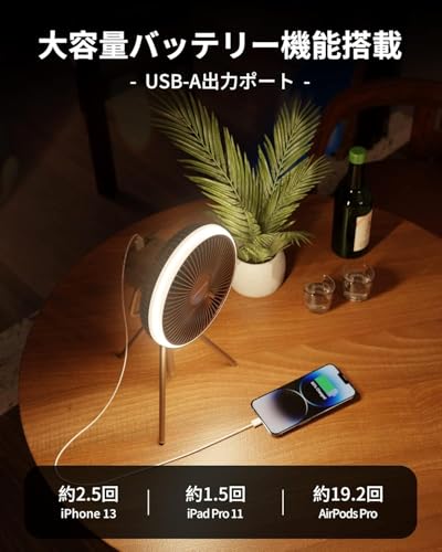 HAGOOGI キャンプ 扇風機 コードレス 10000mAh モバイルバッテリー 自動首振り LEDライト リモコン 付き 多機能 アウトドア 吊り上げ ファン 長時間連続使用 卓上 充電式 扇風機 風量調節 リズム風 静音 キャンプ用品 OT-F12BZ の商品画像 3