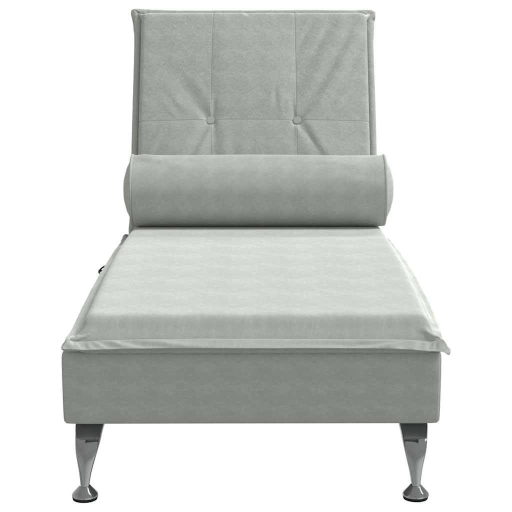 Masażer szezlong z rolką pod kark, jasnoszary, aksamitny, 136,5 x 56 x 75 cm, funkcja masażu USB, listwy ze sklejki, chromowane metalowe nogi do salonu i sypialni relaks