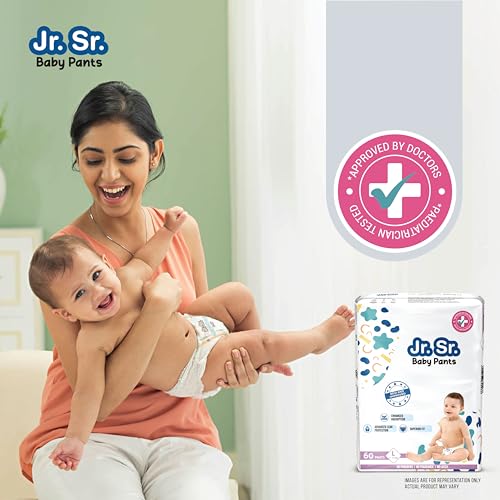 Image of Jr. Sr. Baby Diaper Pants | Large (L) Size (9-14 kg), 60 Count | Pack of 1 | Upto 12 hr Absorption with Advanced Leak Protection | Safe For Babies Skin | Soft, Secure & Comfy