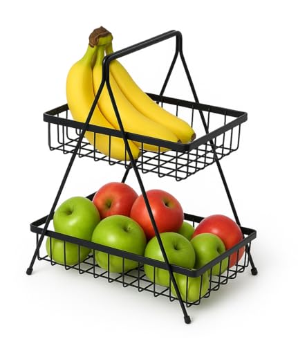 Image of Homeor Counter Top 2-Tier Fruit & Vegetable Basket For Dining Table, Centre Table I Metal Fruit Bowl or Bread Vegetables Storage Organizer Holder I Multi-Purpose Basket for Kitchen & Home, Black