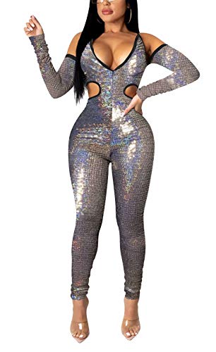 Aro Lora Womens Sexy V Neck Cold Shoulder Cut Out Glitter Sequin Club Bodycon Jumpsuits Romper Large Sliver