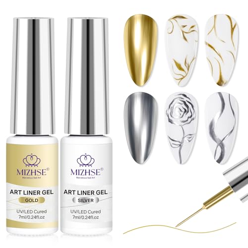 MIZHSE Metallic Gel Liner Nail Art, Gold and Silver Mirror Painting Gel Polish, 3D Chrome Metal Glossy Drawing Line Stripe Swirls French Nail Design DIY Manicure Soak Off Nail Art