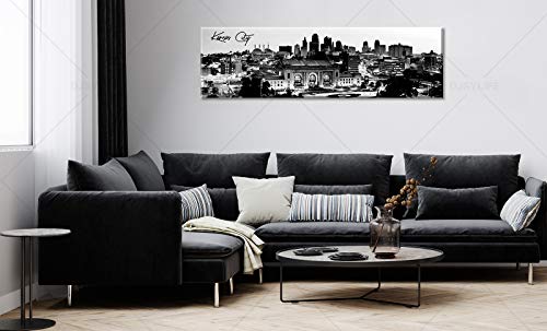 Image of DJSYLIFE Black and White Kansas City Skyline Canvas Wall Art 13.8 inch x 47.3 inch | Fade-Resistant Panoramic Skyline Print, Ready to Hang for Bedroom, Office, Living Room Decoration