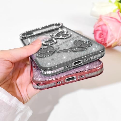 Image of Elzzi Electroplated Butterfly Phone Cover for iPhone 17 Air Case, Showcasing Pearlescent Diamond Soft TPU, Camera Protection, Shockproof, Dropresistant Stylish for Girls & Women (Grey)