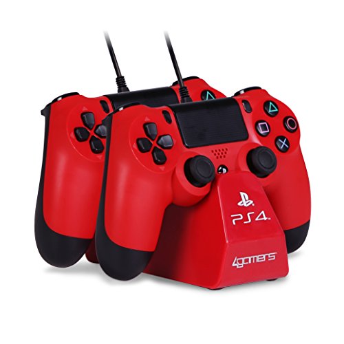 4Gamers - Play&Charge Cargador Doble Para Mando Con Soporte, Rojo (PS4)