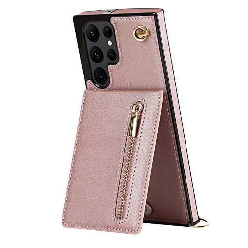Étui portefeuille avec lanière pour Samsung S21 et S22 Ultra en cuir rose