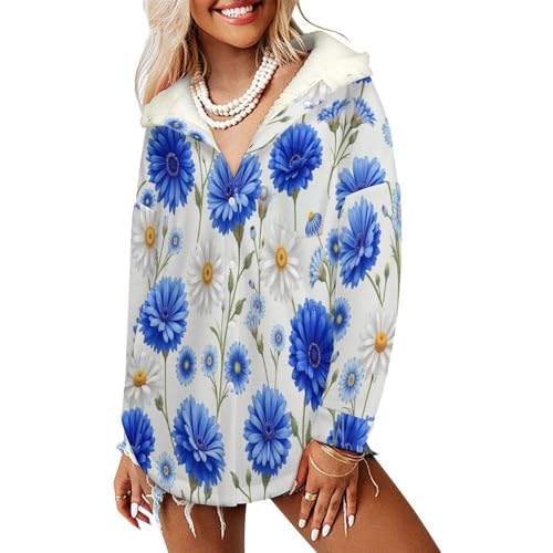 Polaires fleece jacket chaude grande taille veste fleurs bleues