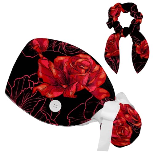 Image of Red Blooming Rose Flowers Black Working Cap with Scrunchy and Ribbon Tie for Women, Long Hair