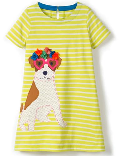 FreeLu Toddler Girl Clothes Cartoon Dress Casual Short Sleeves Dresses Cotton T-Shirt(2T,Yellow Puppy)
