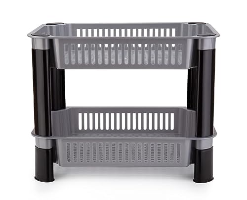 Image of Black Olive Plastic Storage Organiser Rack - Multipurpose 2 Layer Kitchen Shelf Stand with Vegetable Baskets for Potato, Onion, Books & Stationery, Space Saving Storage Rack for Home, Office & Balcony