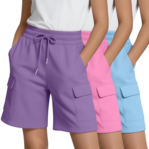 LessonZoo 3 Pack Girls Cargo Bermuda Shorts Knee Length SweatShorts Long Shorts with 4 Pockets Summer School Clothes 5-14y(Light Blue Rose Pink Taro Purple 7-8 Years)