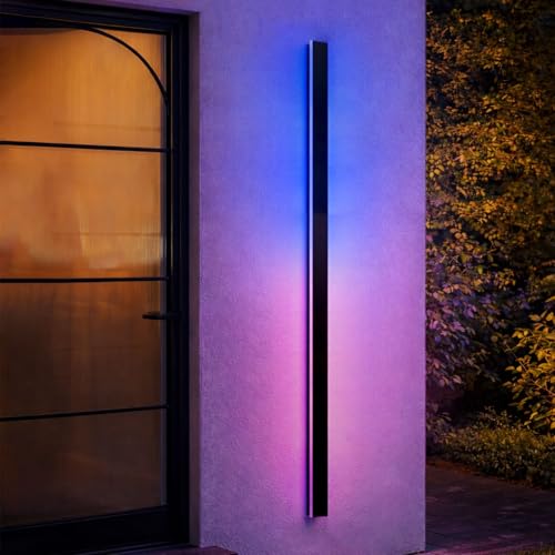 Image of Outdoor Wall Lights, 71 Inch Black Exterior Light Fixtures Wall Mount, RGB Modern Porch Lights Wall Sconce, Long Linear Wall Outside Lighting for House, Garage, Front Door