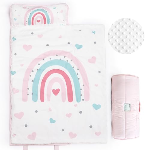 Image of PHF Toddler Nap Mat with Removable Pillow and Minky Fleece Blanket, Rollup Design Warm Slumber Bags for Girls, 52"x20"x2" Kids Sleeping Bag for Daycare Preschool Travel Camping, Rainbow
