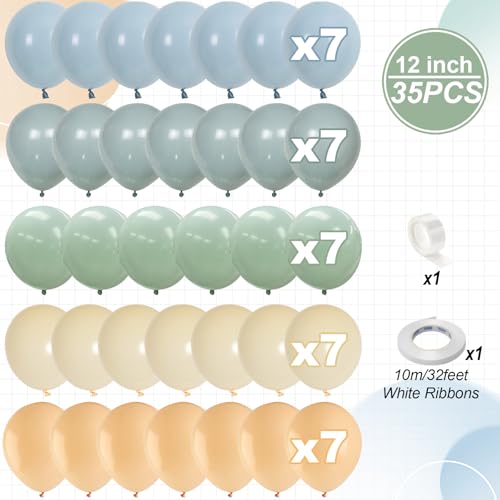 Image of Jobkoo Sage Green Dusty Blue Balloons, 12 Inch Retro Slate Light Blue Olive Green White Sand Beige Nude Eucalyptus Latex Balloon for Boho Rabbit Birthday Wedding Toy Baby Shower Woodland Party Decor