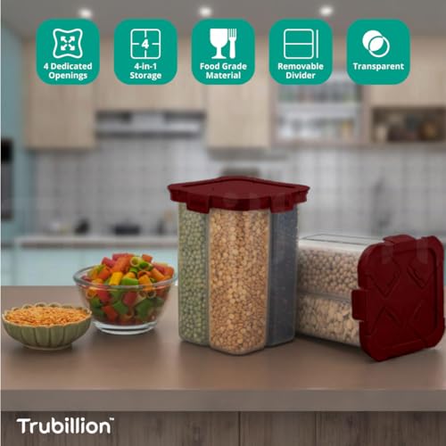 Image of SplitBox - Pack of 2, 4-Section Kitchen Food Storage Container,2000ml BPA-Free Transparent,Black Lid,Removable Divider,Freezer Safe,Stackable,Space Saving,Pulses,Snacks,Dry Fruits (Maroon)