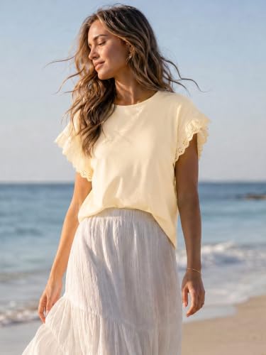 Image of Tankaneo Womens Summer Crewneck T-Shirts Lace Cap Sleeve Tops Dressy Casual Loose Fit Work Basic Tees Outfits 2026