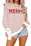 KIDDAD Christmas Sweatshirts for Women Glitter Patch Merry Christmas Letter Print Sweater Embroidered Striped Pullover Tops